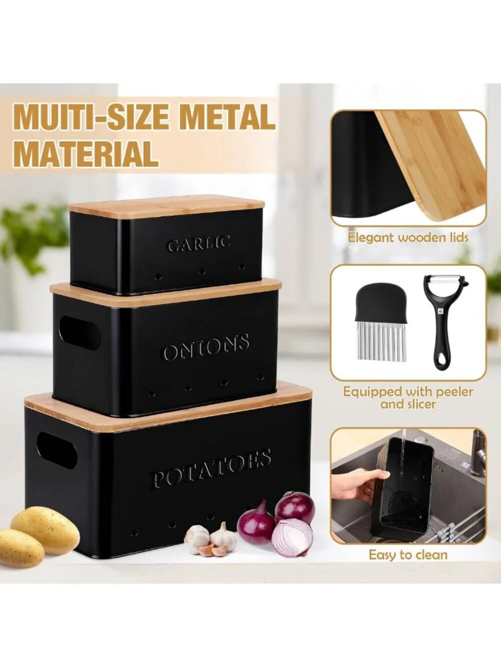 3-Piece Metal Storage Bins Set for Potatoes, Onions & Garlic - Stylish Black